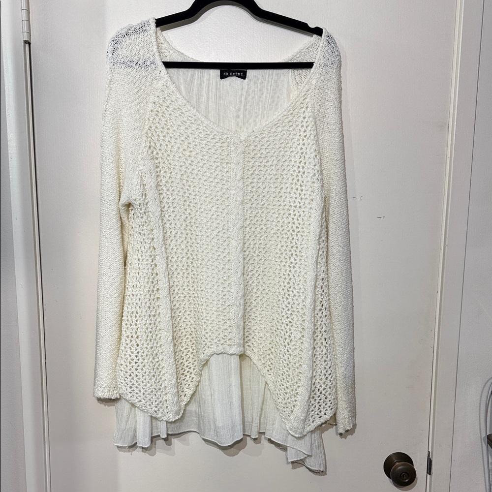 En Creame crocheted Knit Sweater Layered Cream Sheer White longer lining Size 1x